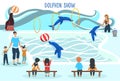 People watching dolphin show, entertainment for family with kids, trained animals performance, vector illustration Royalty Free Stock Photo