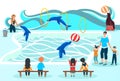 People watching dolphin show, entertainment for family with kids, trained animals performance, vector illustration