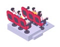 People watching film. Isometric movie theatre visitors sitting in cinema red chairs with popcorn, soda pop and 3d glasses vector