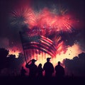 people watching a fireworks display with an american flag