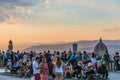 People watching Florence panorama. Palazzo Vecchio and Cathdral. Sunset from Piazzale Michelangelo. Tuscany, Italy