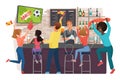 People watching football and celebrating in bar flat vector illustration. Friends watching football match, bartender Royalty Free Stock Photo