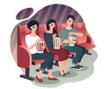 People watching movie in cinema, cartoon characters in 3D glasses, vector illustration