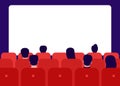 People watching movie in cinema, rear view. Men and women sit in red chairs and watch movies. Watching film on big screen. Vector Royalty Free Stock Photo