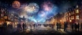 People watching New Year\'s Eve Fireworks in the city center. Firework explosion in the night sky celebrating New Year Royalty Free Stock Photo