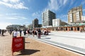 People are watching a performance of a puppet theater in Brighton, red pointer Royalty Free Stock Photo