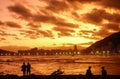 people watching the sunset at seacoast. silhouettes. golden time, Travel and summer concept