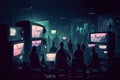 People watching TV in a dark room. Television addiction concept. 3D Rendering, People crowd watching TV in dark background, AI