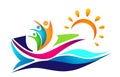 People water sea wave sun ship boat sailing winning team work together union logo icon vector element on white background