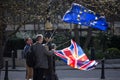 People waving with EU and British flag during UK Protest march for Europe Royalty Free Stock Photo