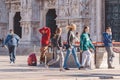 People wear protective masks prevent coronavirus, covid 19 during virus outbreak. Young people walking in center of