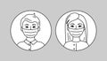 People Wearing Face Mask, European Man And Woman. Black And White Vector Pictogram, Simple Flat Icon. Medical Respirators