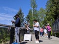 People wearing face masks enjoying Snoqualmie Falls Park on its grand reopening during the COVID-19 pandemic Royalty Free Stock Photo