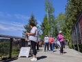 People wearing face masks enjoying Snoqualmie Falls Park on its grand reopening during the COVID-19 pandemic Royalty Free Stock Photo