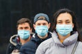 People wearing face masks outdoors. Coronavirus quarantine