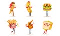 People Wearing Fast Food Costumes Set, Ice Cream, Hot Dog, Burger, French Fries, Sandwich Cartoon Vector Illustration