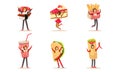 People Wearing Fast Food Costumes Set, Sushi, Cake, French Fries, Taco, Soda Drink Cartoon Vector Illustration