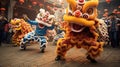 People wearing kirin costumes dance cheerfully and play with firecrackers.AI Generated