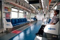 People wearing medical mask sitting in subway to protect against Coronavirus COVID-19 viral disease epidemic in Seoul, Korea