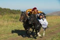 People wearing national dresses ride on horseback at countryside, Almaty, Kazakhstan. Royalty Free Stock Photo