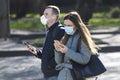 People wearing protective masks against the coronavirus COVID-19 on street in Kyiv, Ukraine. March 2020