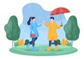 People Wearing Raincoat, Rubber Boots and Carrying Umbrella In the Middle of Rain Showers Storm. Flat Background Illustration