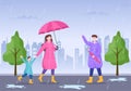 People Wearing Raincoat, Rubber Boots And Carrying Umbrella In The Middle Of Rain Showers Storm. Flat Background Illustration