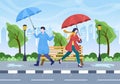 People Wearing Raincoat, Rubber Boots and Carrying Umbrella In the Middle of Rain Showers Storm. Flat Background Illustration