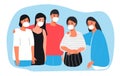 People are wearing surgical mask. Five friends support each other and ask to put medical mask to prevent of virus