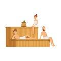 People wearing towels relaxing in sauna steam room, spa procedures colorful vector Illustration