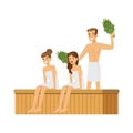 People wearing towels steaming with birch broom in sauna steam room, spa procedures colorful vector Illustration