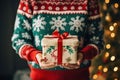 people wearing ugly sweater in circle hand united. Generative AI