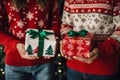 people wearing ugly sweater in circle hand united. Generative AI