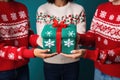 people wearing ugly sweater in circle hand united. Generative AI