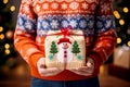 people wearing ugly sweater in circle hand united. Generative AI