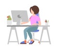 Woman working on computer on white background