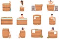 Set of illustrations people and wellness spa procedures in wooden water barrel, home sauna concept