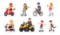 People and wheeled: vehicles, scooter, skateboard, bicycle, roll Royalty Free Stock Photo