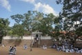 People in white robes are near the 6-meter terrace with the sacred Bodhi tree during the Poya festival in the ancient city.