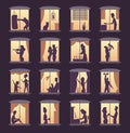 People window silhouettes. Lighting in night house tower apartment buildings vector person silhouettes