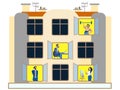 People in the windows of an apartment building day. Doing household chores. In minimalist style. Flat isometric raster Royalty Free Stock Photo