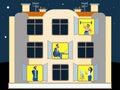 People in the windows of an apartment building. Doing household chores. In minimalist style. Flat isometric raster Royalty Free Stock Photo