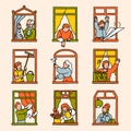 People in windows. Cartoon characters staying at home and look out of windows. Vector quarantine concept