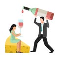 People wine tasting concept. Huge bottle, wineglass, cheese and tiny characters vector illustration. Man pours wines