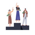 People winners on pedestal. Business women champions stand on podium with awards, celebrate victory, first and prize Royalty Free Stock Photo