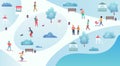 People winter activities. Resting, skiing, walking and playing in the winter park cartoon top view map vector