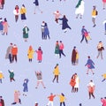 People in winter clothes seamless pattern. Tiny people in warm outwear male and female faceless characters decorative Royalty Free Stock Photo