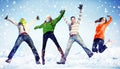 People Winter Jumping Snow Playful Concept