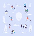 People in winter park. Couples and kids outdoor. Christmas holidays activities in urban snowy park vector concept