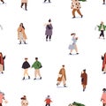 People on winter street, seamless pattern. Endless background, characters with gifts, bags, walking, shopping for